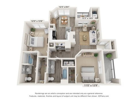 Floor plan for 2 beds, 2 baths, 1103 sqft